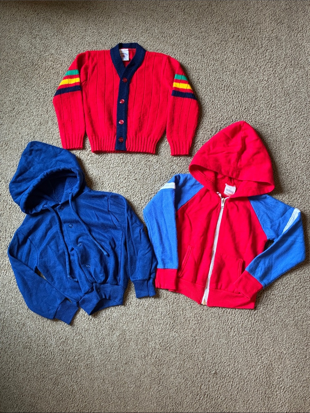 Kids Size 3-4T Vintage 80s Red Blue Hooded Zip Jacket and Cardigan Bundle of 3